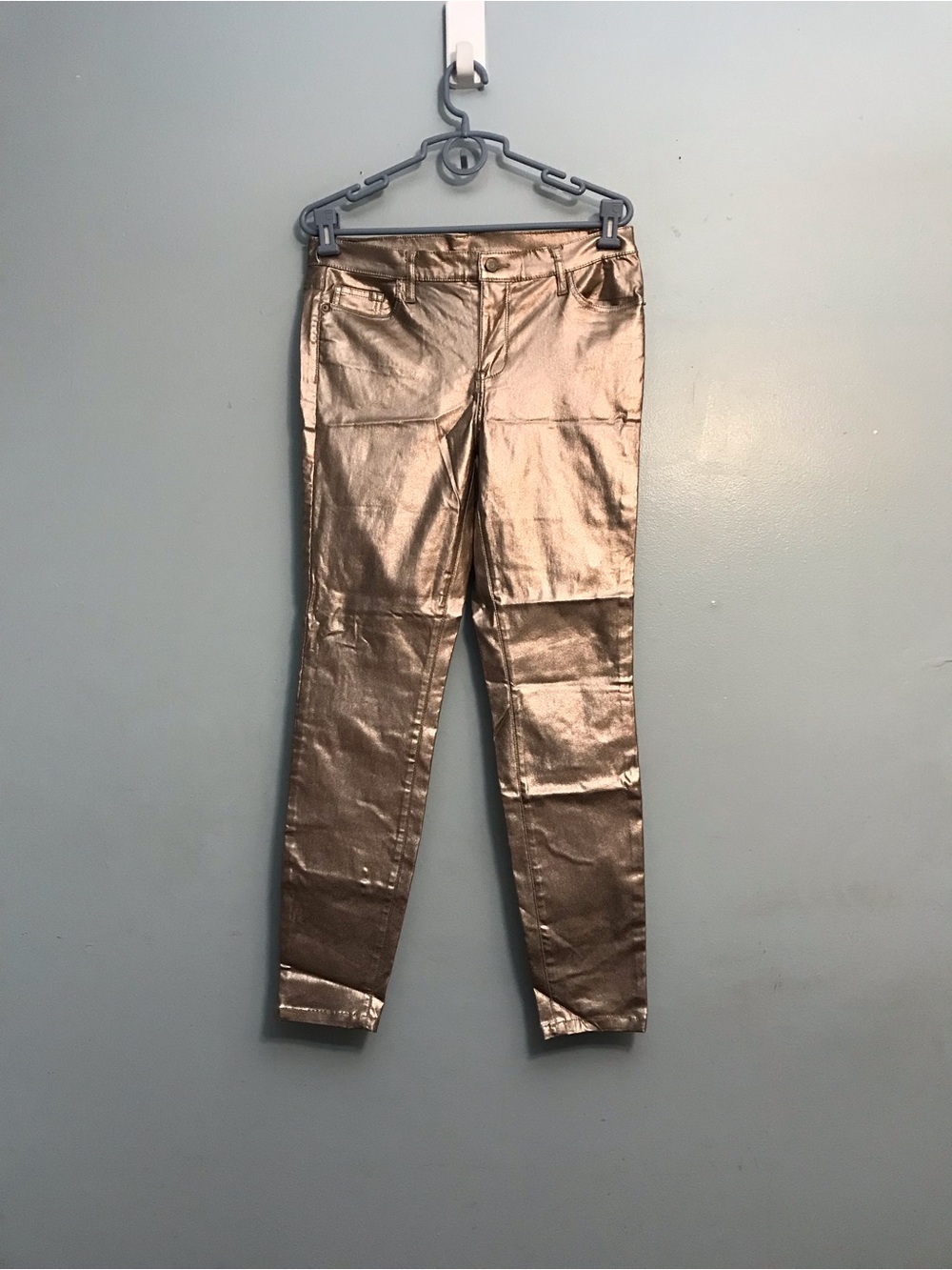 Metallic Bronze-Look Skinny Pants